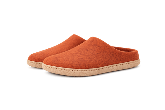 Pair of orange slippers on a white background