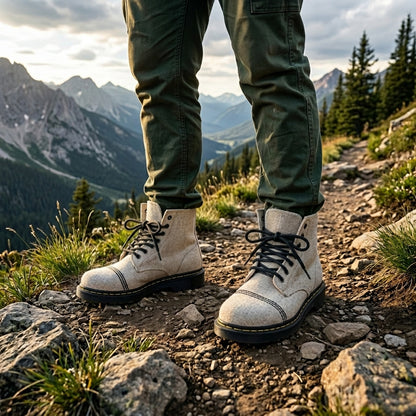  Person wearing organic hemp boots white lace up vegan footwear handmade hemp shoes australia with black soles and  black laces on a mountain path