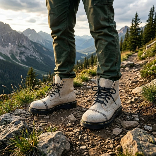  Person wearing organic hemp boots white lace up vegan footwear handmade hemp shoes australia with black soles and  black laces on a mountain path