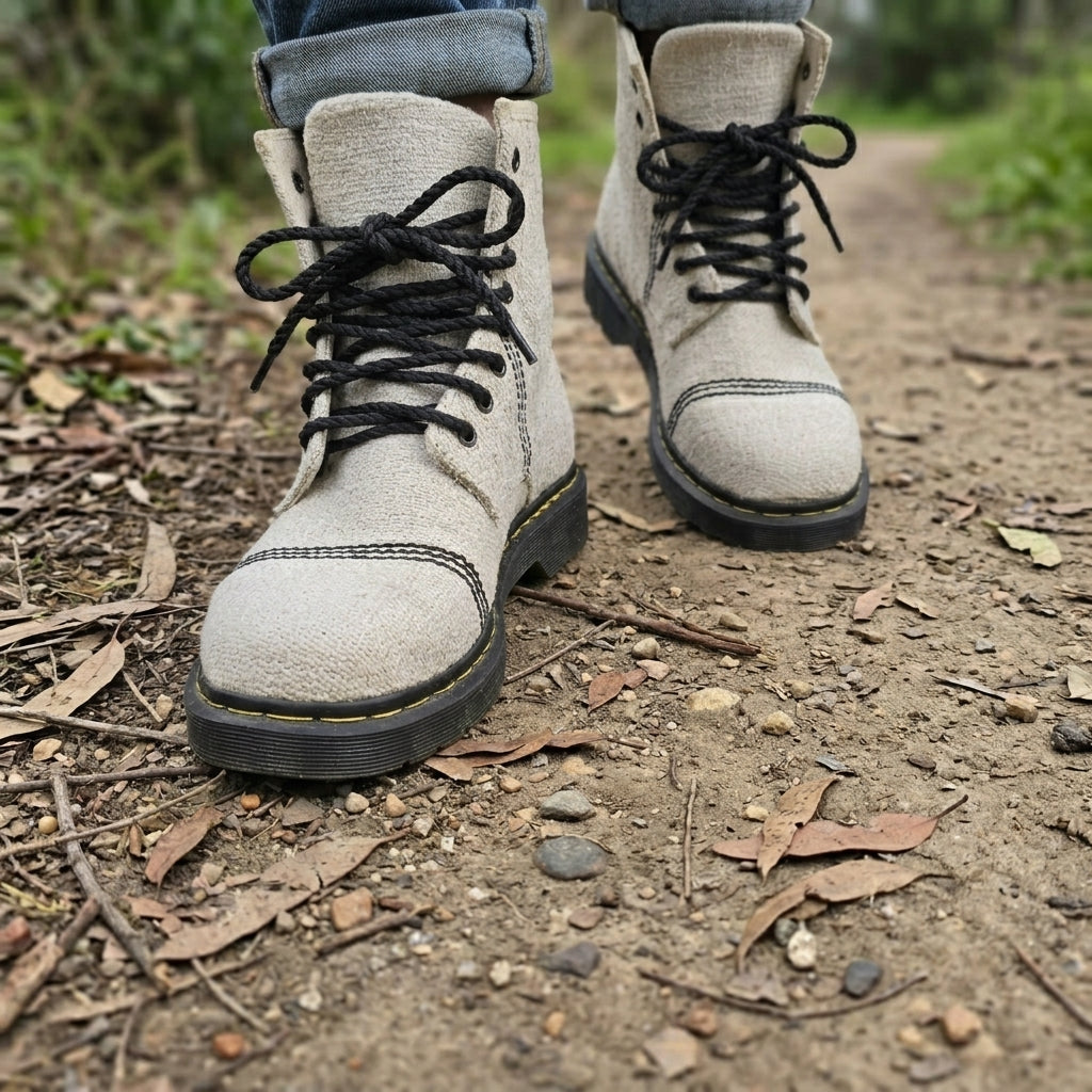  Person wearing organic hemp boots white lace up vegan footwear handmade hemp shoes australia with black soles and  black laces on a mountain path