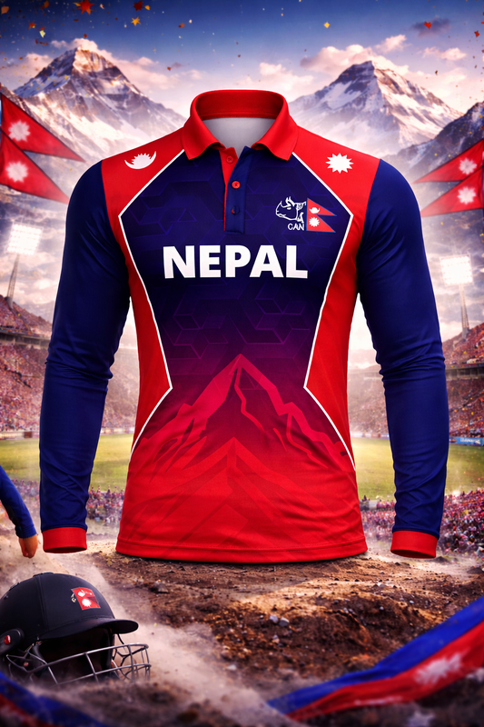 Red and blue sports jersey with 'Nepal' text on a mountainous sports field background