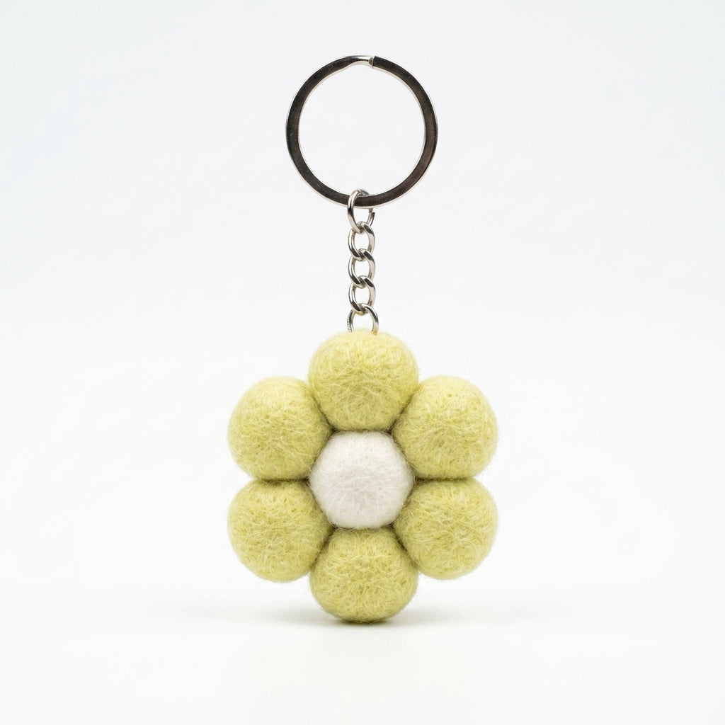 Small purple felt flower keychain with metal keyring on a white background