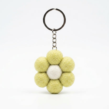 Small purple felt flower keychain with metal keyring on a white background