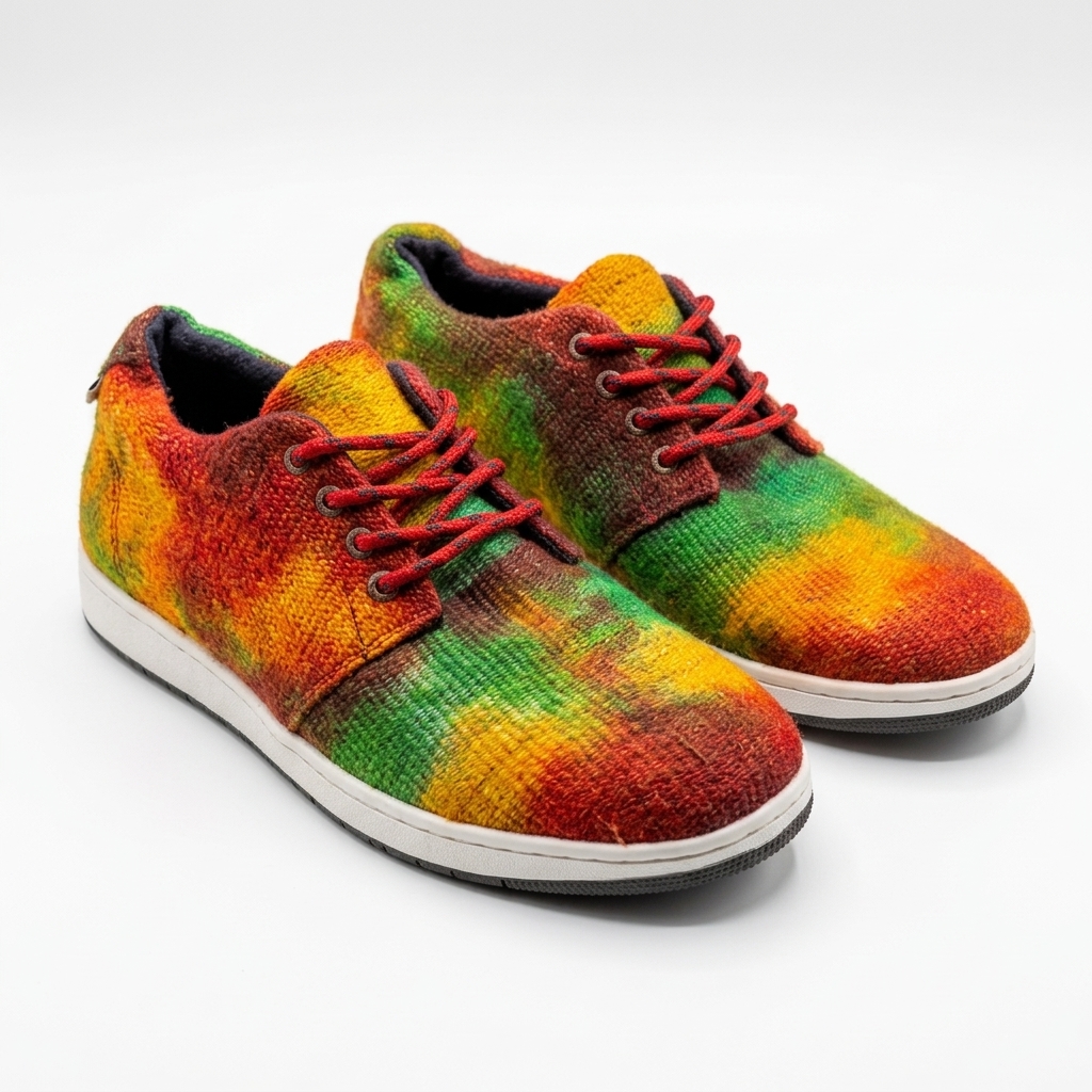 Rasta low-top lace-up sneakers with red, orange, yellow and green knit pattern, red laces and white soles