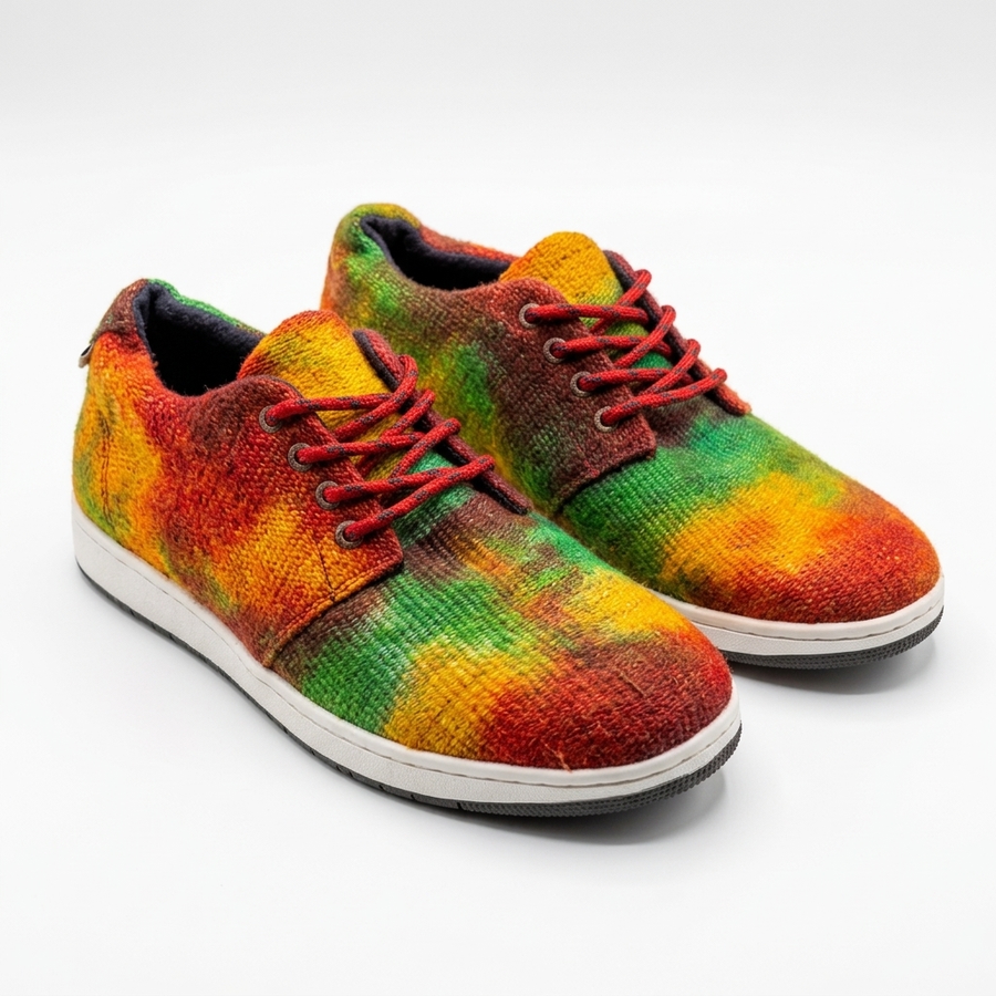 Rasta low-top lace-up sneakers with red, orange, yellow and green knit pattern, red laces and white soles