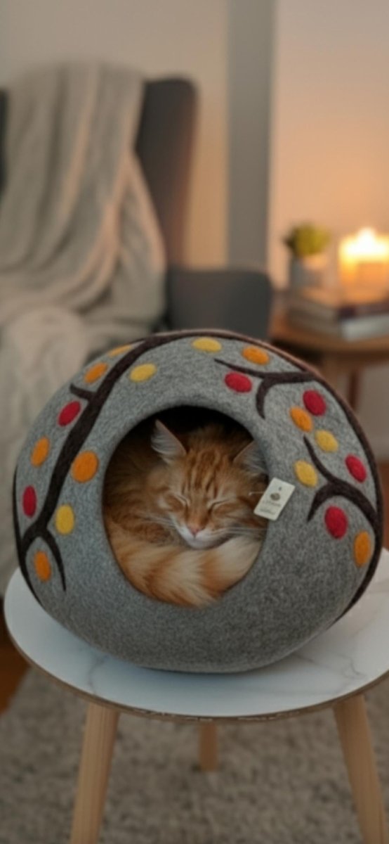 Autumn Tree Wool Cat Cave - Handmade Cozy Felt Pet Bed Cozy_Felt_Pet