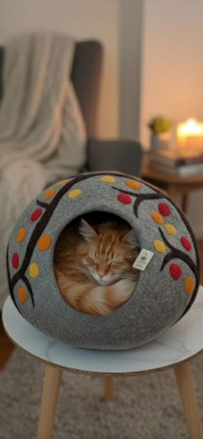 Autumn Tree Wool Cat Cave - Handmade Cozy Felt Pet Bed Cozy_Felt_Pet
