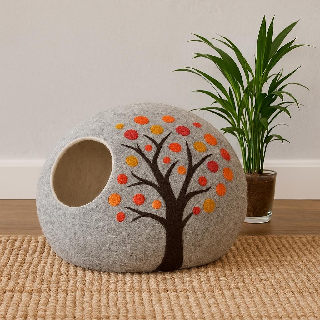 Autumn Tree Wool Cat Cave - Handmade Cozy Felt Pet Bed Cozy_Felt_Pet