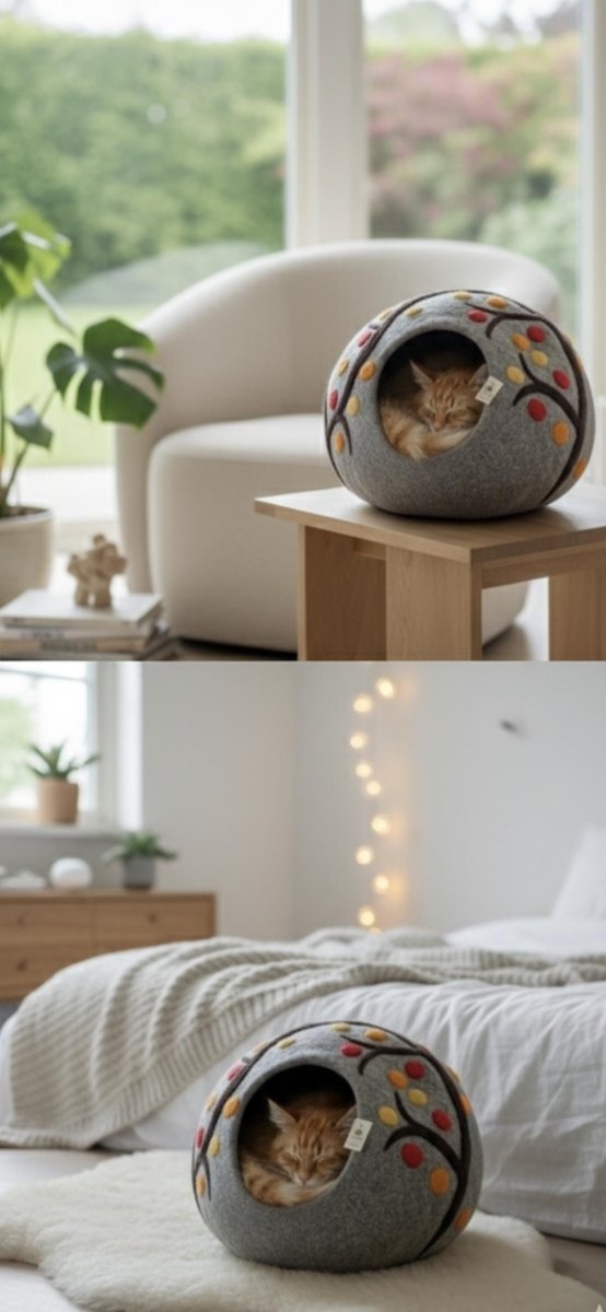Autumn Tree Wool Cat Cave - Handmade Cozy Felt Pet Bed Cozy_Felt_Pet