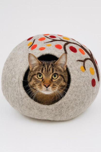 Autumn Tree Wool Cat Cave - Handmade Cozy Felt Pet Bed Cozy_Felt_Pet