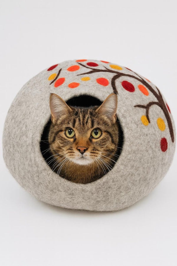 Autumn Tree Wool Cat Cave - Handmade Cozy Felt Pet Bed Cozy_Felt_Pet