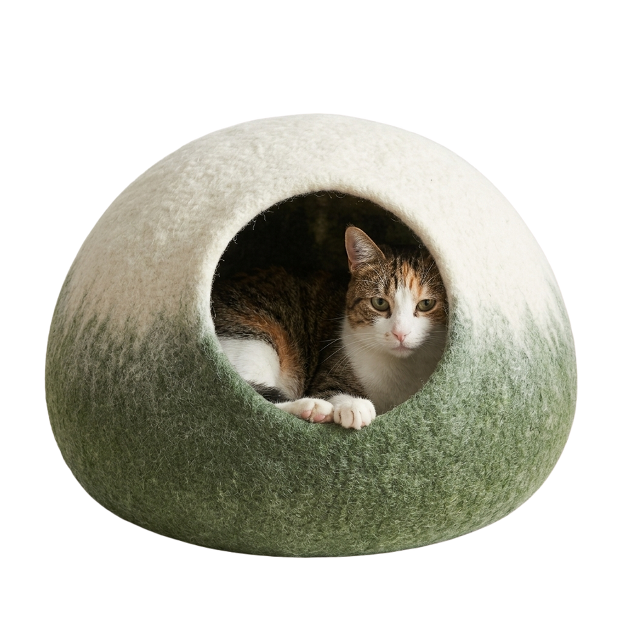 Green Ombre Wool Cat Cave Bed