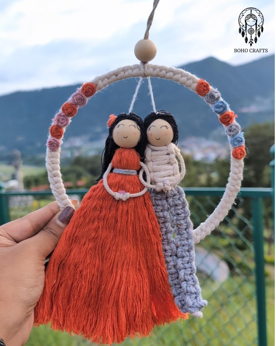 Boho Couple Doll Macrame Wall Hanging: Handmade Friendship Ornament. Christmas gift for couples. Boho_Couple_Doll