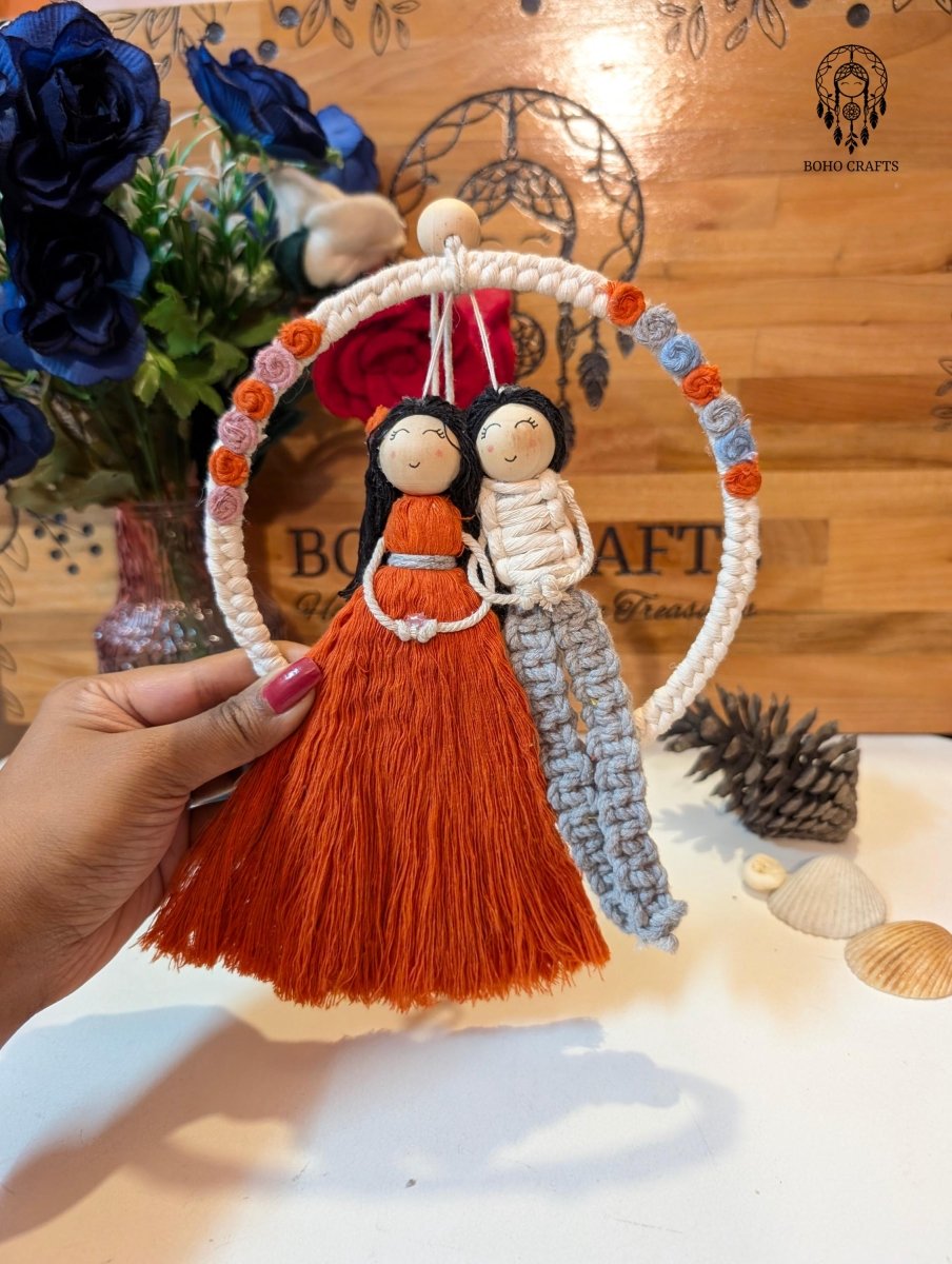 Boho Couple Doll Macrame Wall Hanging: Handmade Friendship Ornament. Christmas gift for couples. Boho_Couple_Doll
