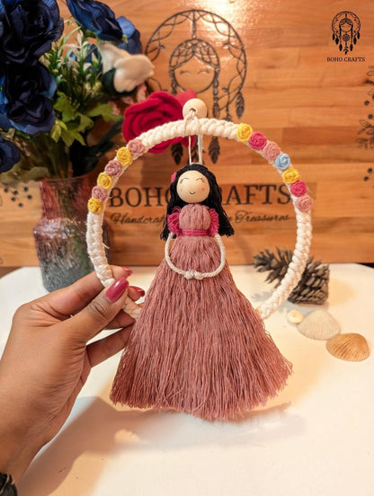 Boho Macrame Doll Dreamcatcher: Handmade Cotton, Wooden Beads Cotton