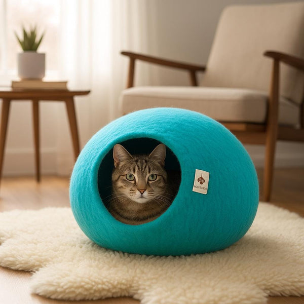 Cat Cave Bed: Aqua Wool Felt - Handmade, Cozy, Lightweight Cat_Ears_Wool
