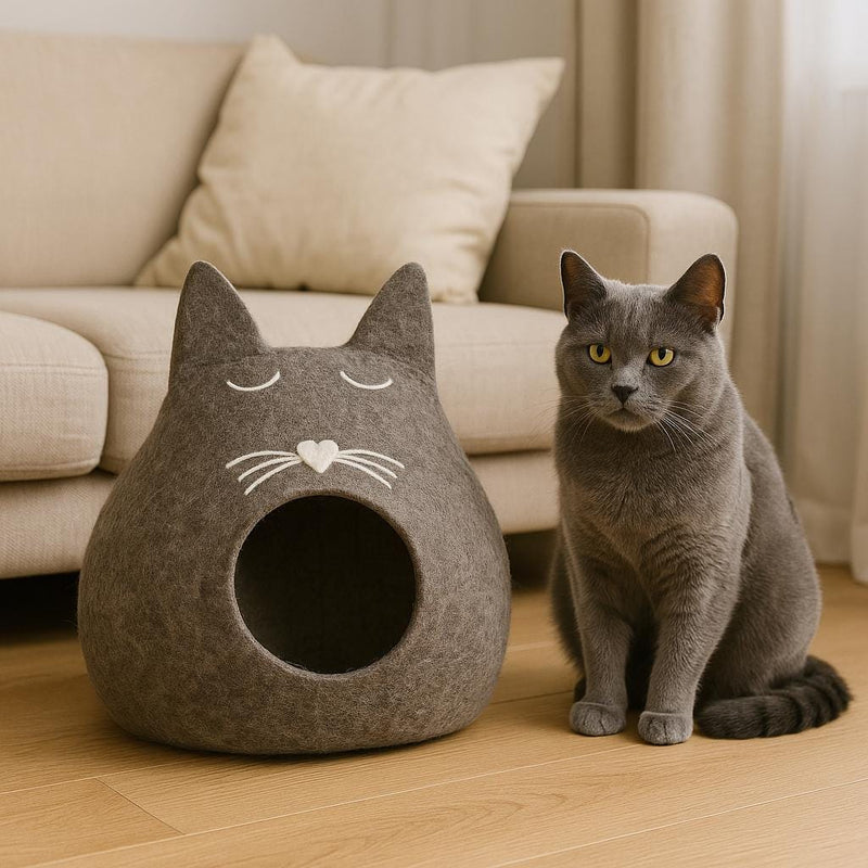 Cat Cave Bed: Warm Neutral Wool Felt - Handmade in Nepal Cozy_Cat_Burrow