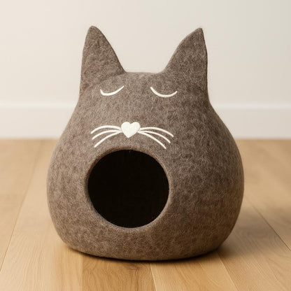 Cat Cave Bed: Warm Neutral Wool Felt - Handmade in Nepal Cozy_Cat_Burrow