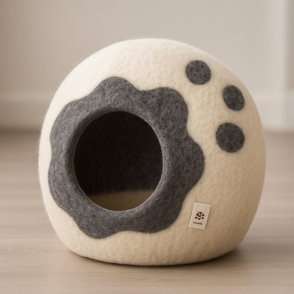Cat Cave Bed: Wool Felt Paw Design - Cozy Handmade in Nepal Cozy_Cat_Den