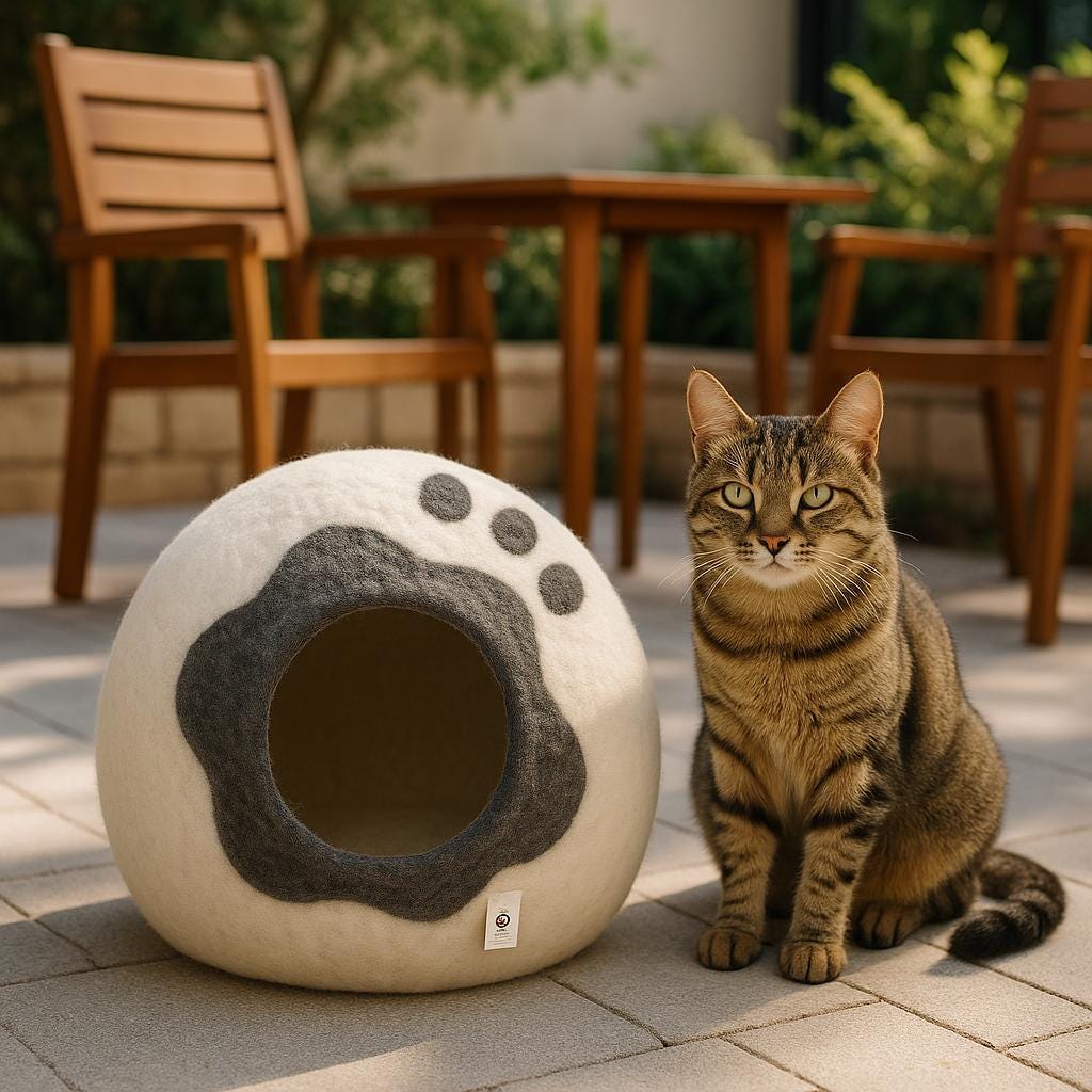 Cat Cave Bed: Wool Felt Paw Design - Cozy Handmade in Nepal Cozy_Cat_Den