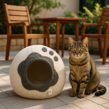 Cat Cave Bed: Wool Felt Paw Design - Cozy Handmade in Nepal Cozy_Cat_Den