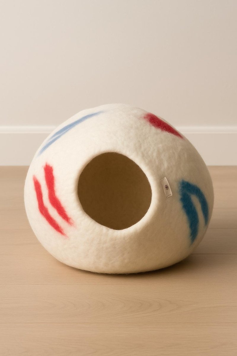 Cozy Wool Felt Cat Cave, White with Red & Blue Brush Strokes (Small - Medium Cats) Cozy_Cat_Pod