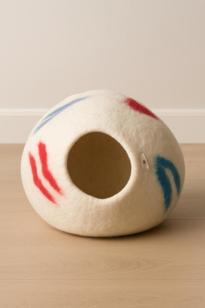 Cozy Wool Felt Cat Cave, White with Red & Blue Brush Strokes (Small - Medium Cats) Cozy_Cat_Pod