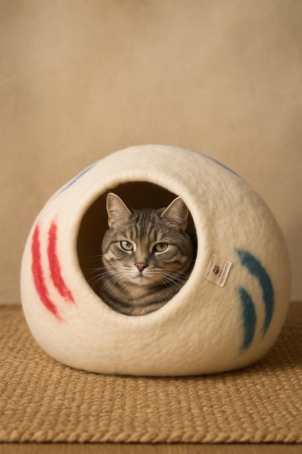 Cozy Wool Felt Cat Cave, White with Red & Blue Brush Strokes (Small - Medium Cats) Cozy_Cat_Pod