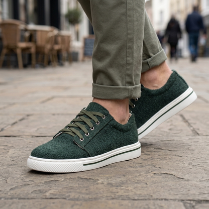 Person wearing dark green textured organic hemp canvas lace-up shoes with olive green laces and white natural rubber soles on a cobblestone street.