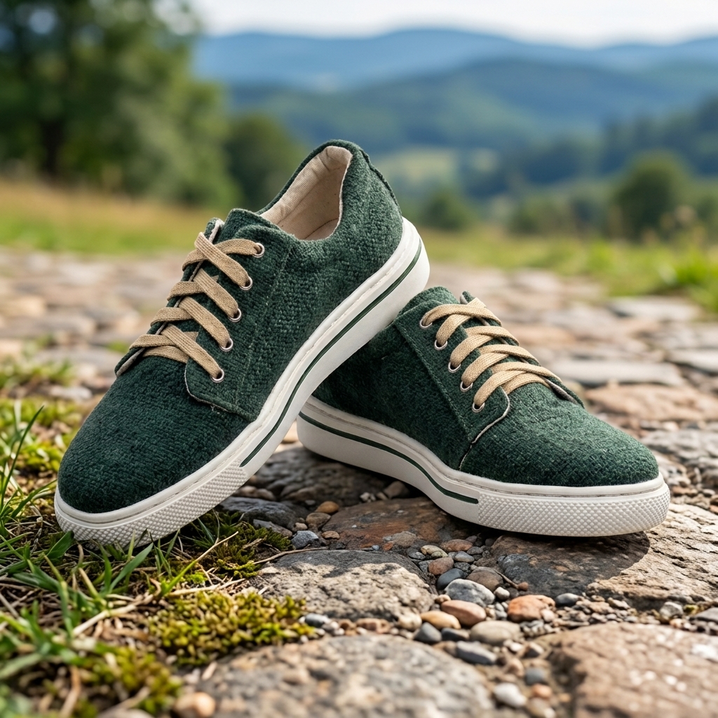 Dark green organic hemp canvas lace-up shoes with beige laces and white natural rubber soles on a rocky grassy path.