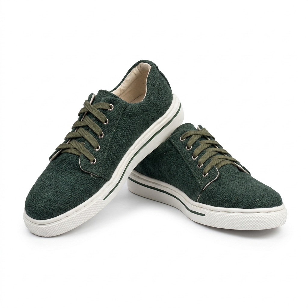 Dark green organic hemp canvas lace-up shoes with olive laces and white natural rubber soles on a clean white background.