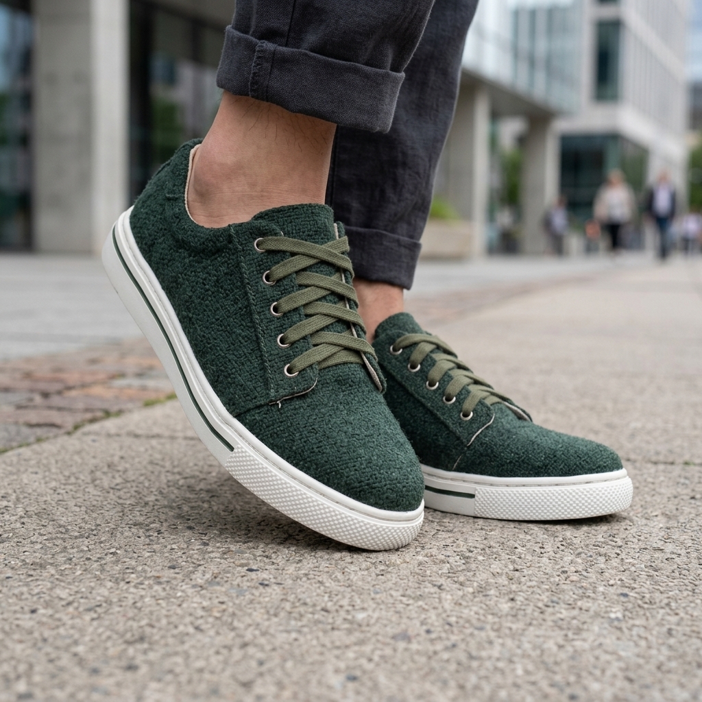Person wearing dark green textured organic hemp canvas lace-up shoes with matching laces and white natural rubber soles on a paved walkway.
