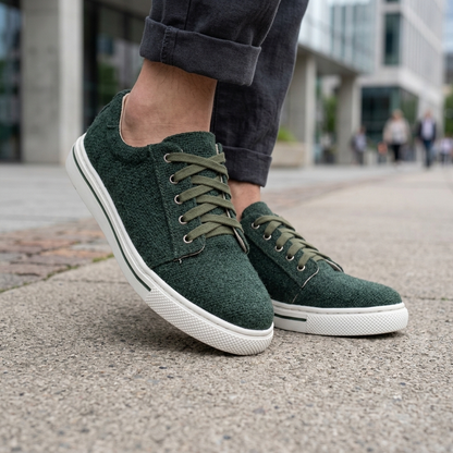Person wearing dark green textured organic hemp canvas lace-up shoes with matching laces and white natural rubber soles on a paved walkway.