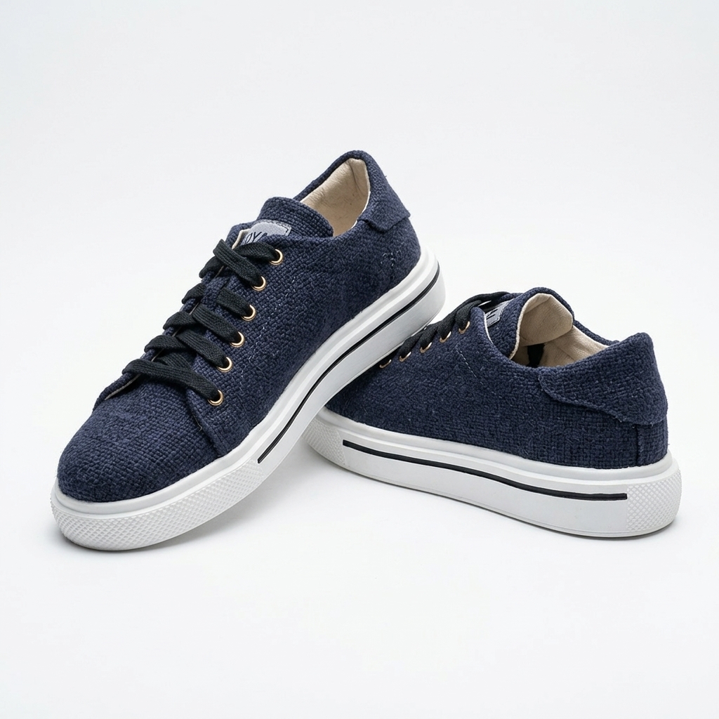 A pair of dark navy organic hemp canvas lace-up shoes with black laces, gold eyelets and white natural rubber soles on a clean white background.

