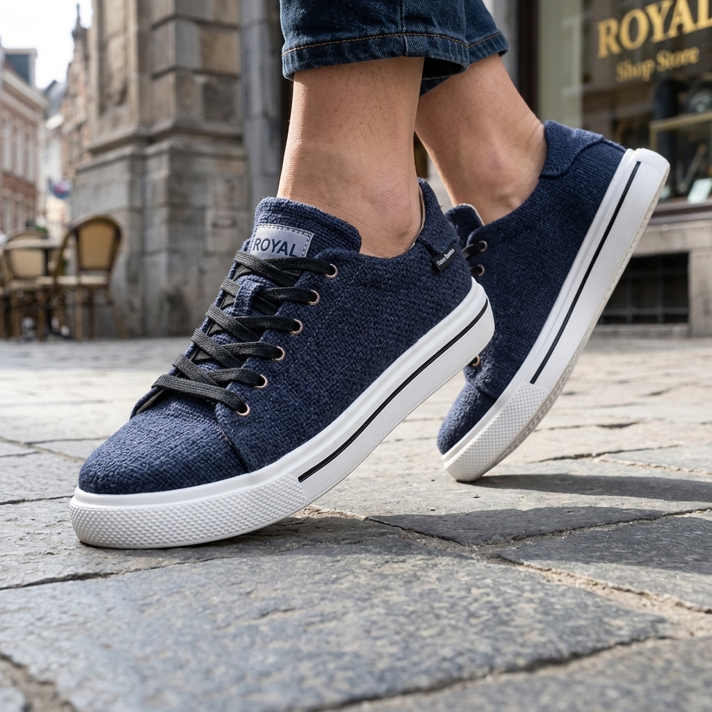 Person wearing dark navy knit-textured organic hemp shoes with white natural rubber soles on a cobblestone street.