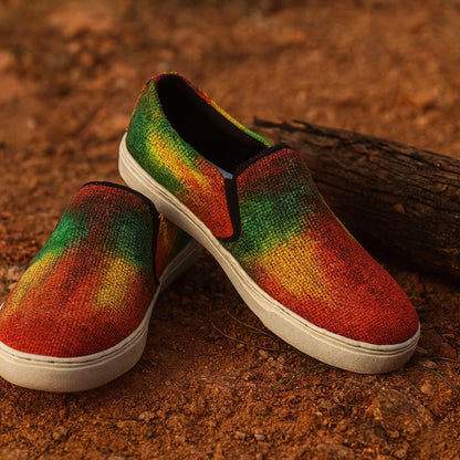 Eco - Friendly Tie Dye Rasta Hemp Slip - On Sneakers | Handmade Vegan Unisex Festival Shoes Bright_Hues_Footwear