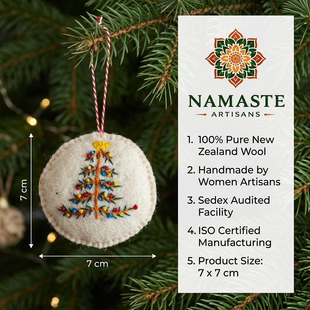 Namaste Artisans Embroidered Heart Wool Felt Christmas Ornament – Handmade & Shatterproof