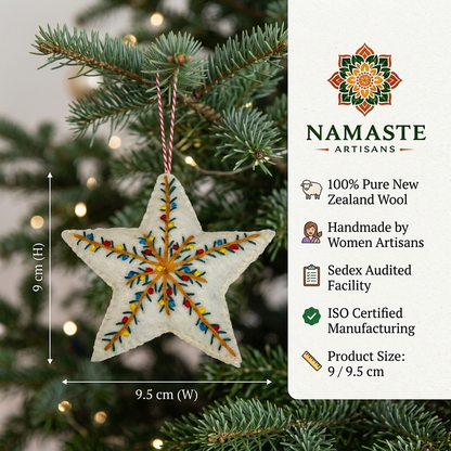 Embroidered Star Wool Felt Christmas Ornament – Handmade & Shatterproof