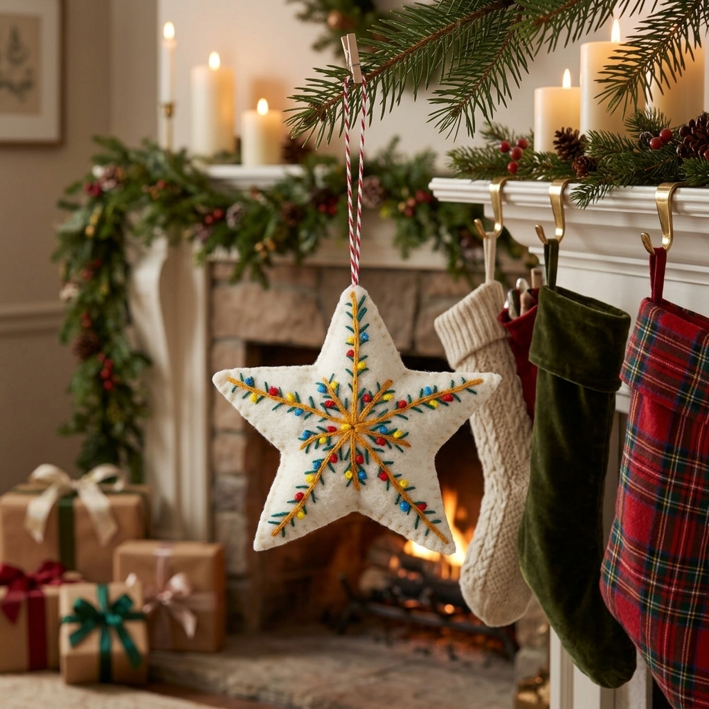 Namaste Artisans Embroidered Star Wool Felt Christmas Ornament – Handmade & Shatterproof
