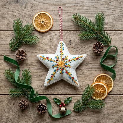 Embroidered Star Wool Felt Christmas Ornament – Handmade & Shatterproof