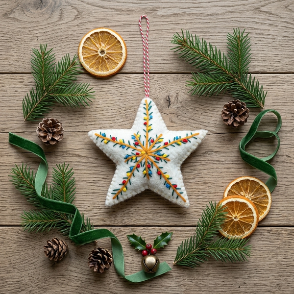 Embroidered Star Wool Felt Christmas Ornament – Handmade & Shatterproof
