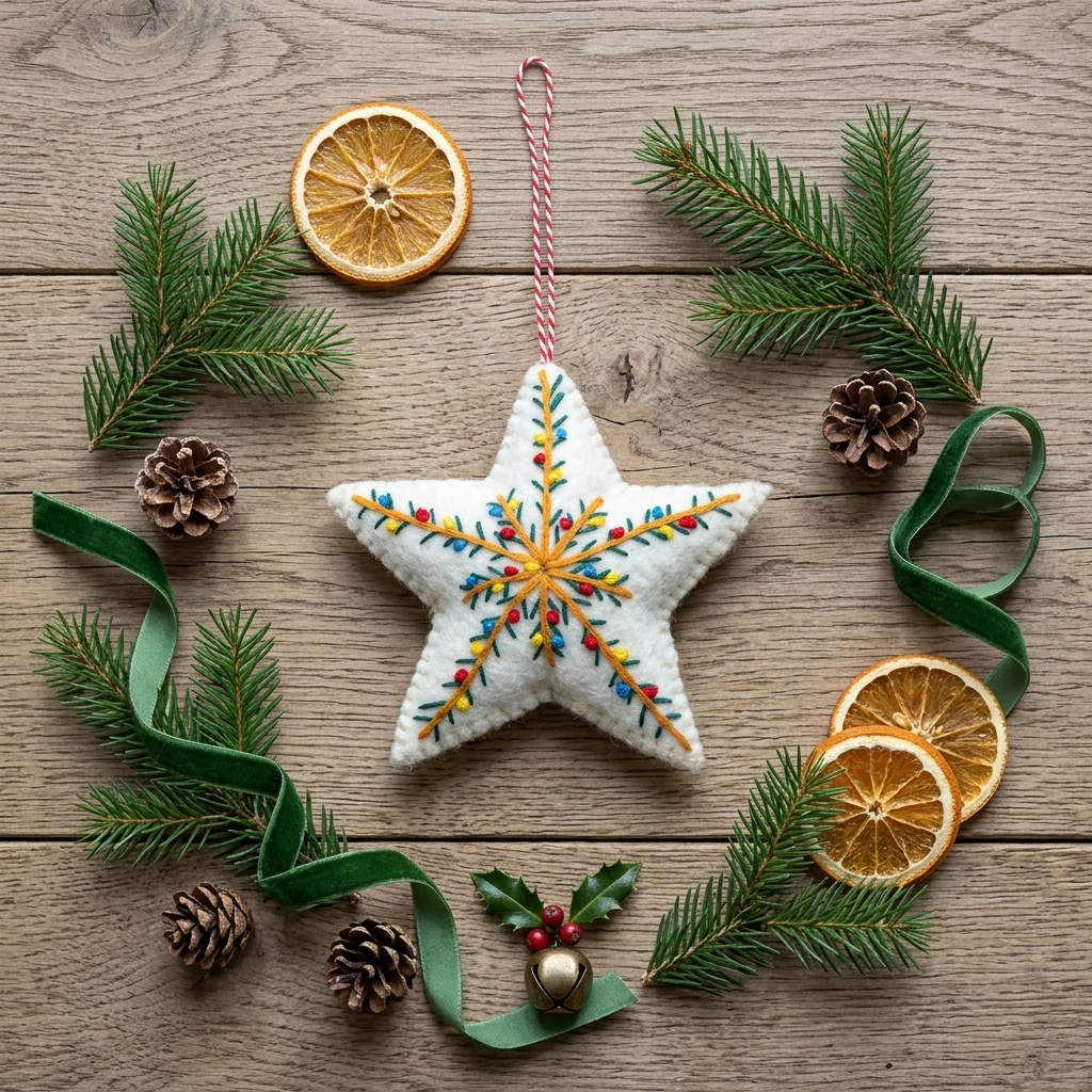 Namaste Artisans Embroidered Star Wool Felt Christmas Ornament – Handmade & Shatterproof