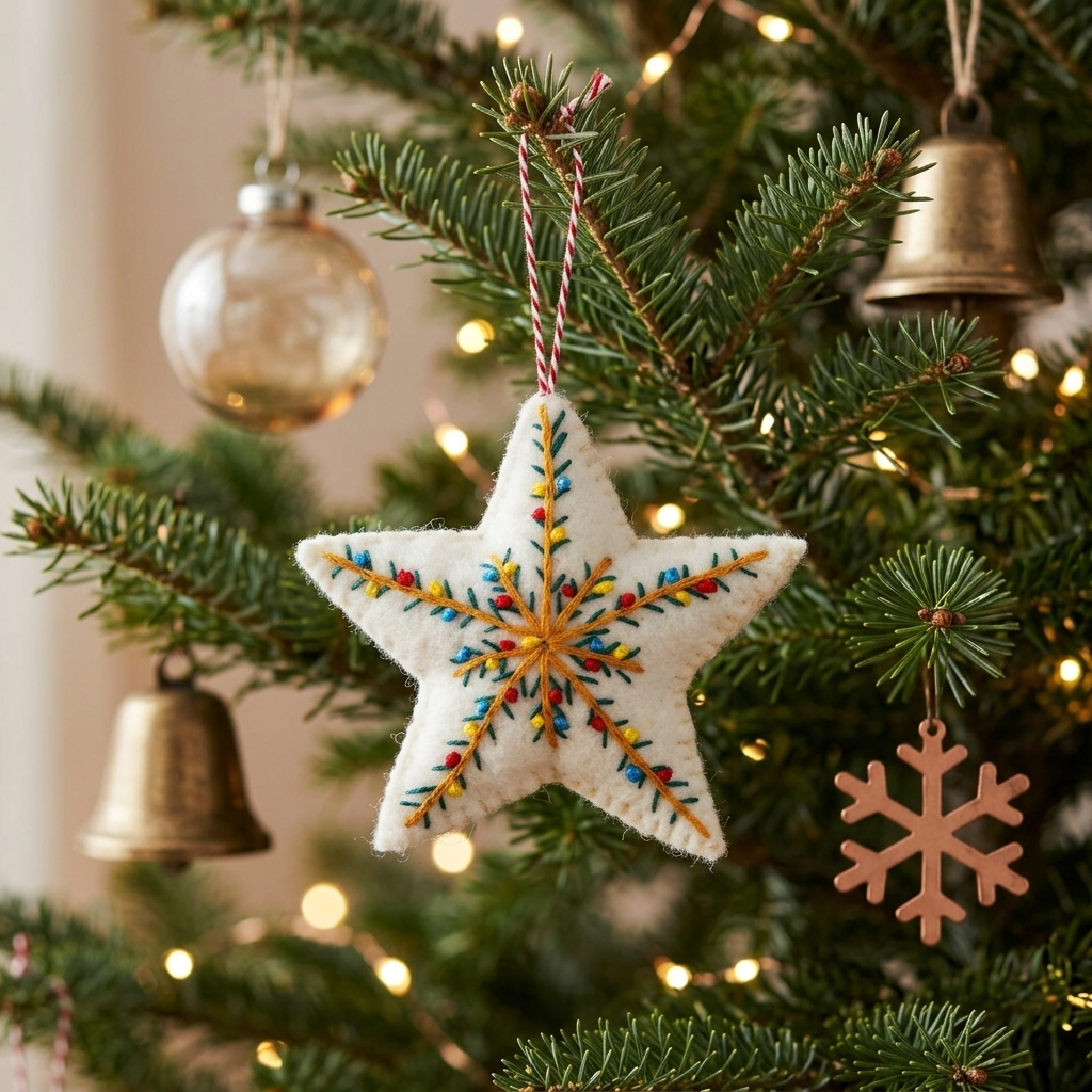 Embroidered Star Wool Felt Christmas Ornament – Handmade & Shatterproof