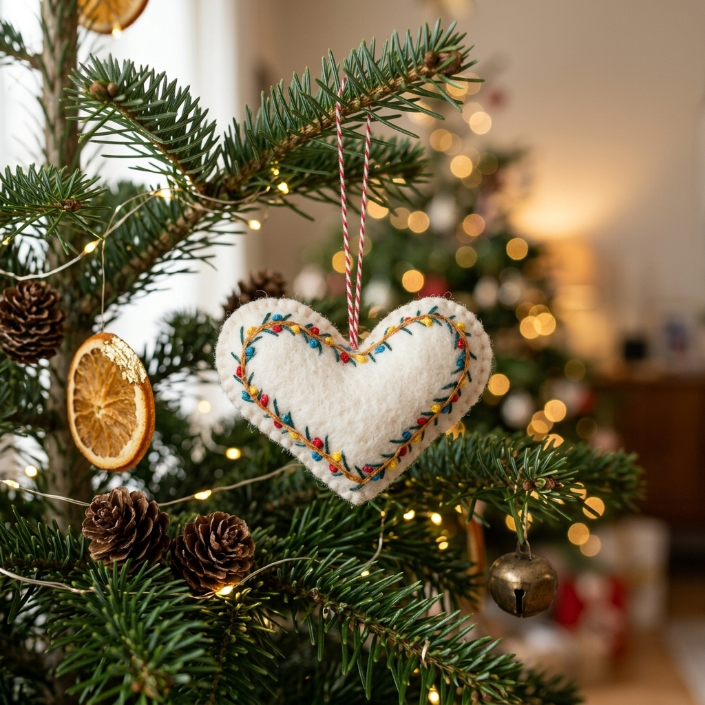 Embroidered Heart Wool Felt Christmas Ornament – Handmade & Shatterproof
