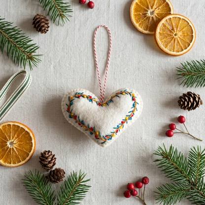 Embroidered Heart Wool Felt Christmas Ornament – Handmade & Shatterproof