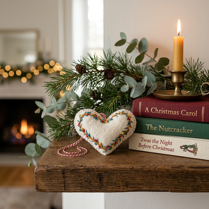 Embroidered Heart Wool Felt Christmas Ornament – Handmade & Shatterproof
