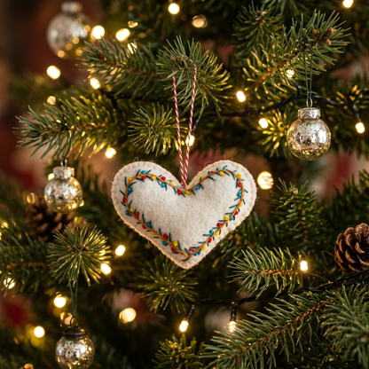 Embroidered Heart Wool Felt Christmas Ornament – Handmade & Shatterproof