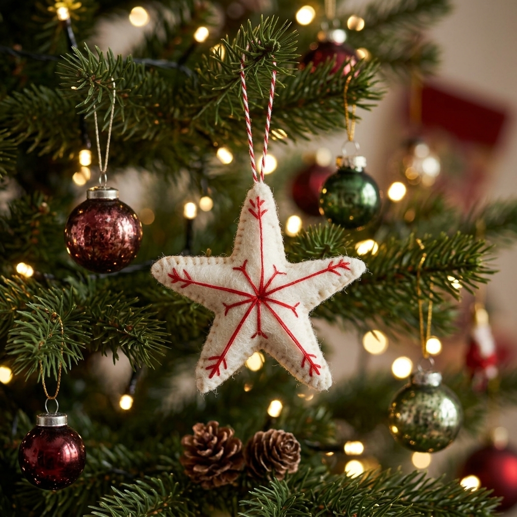 A white felt star Christmas ornament with red embroidered details hangs on a decorated Christmas tree with warm string lights and colorful ornaments.