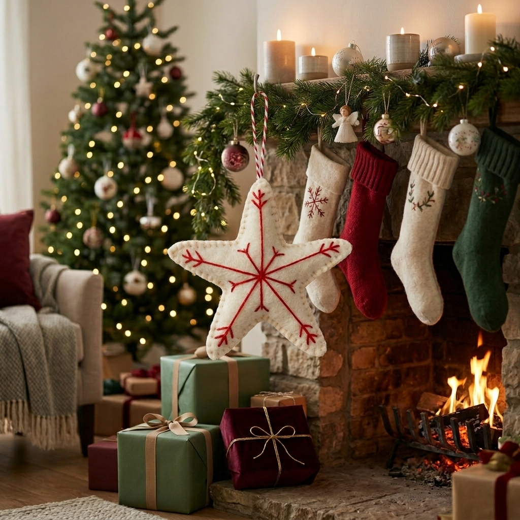 Embroidered Star with Holiday Lights Wool Felt Ornament – Handmade & Shatterproof