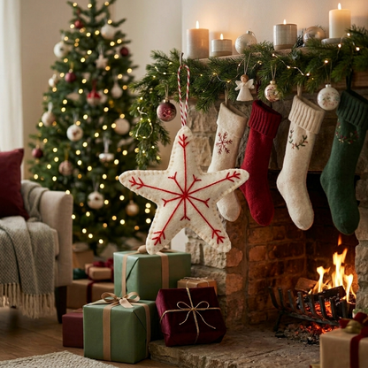 Embroidered Star with Holiday Lights Wool Felt Ornament – Handmade & Shatterproof
